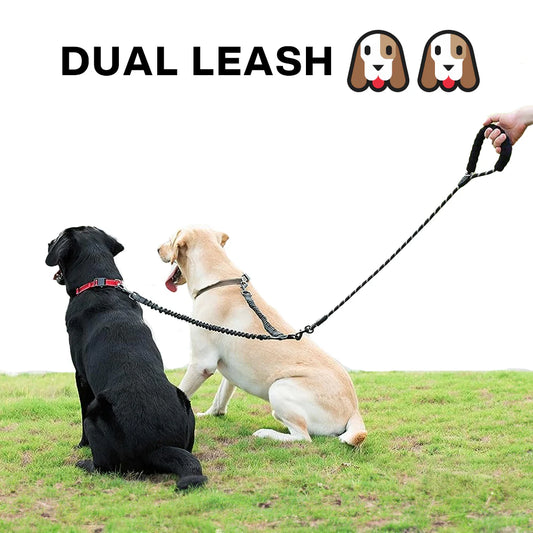 Professional Title: "Large Dual Dog Leash with Bungee Stretch Line, 360 Swivel No Tangle Design, Shock Absorbing for Two Dogs - Black (25-150 lbs)"